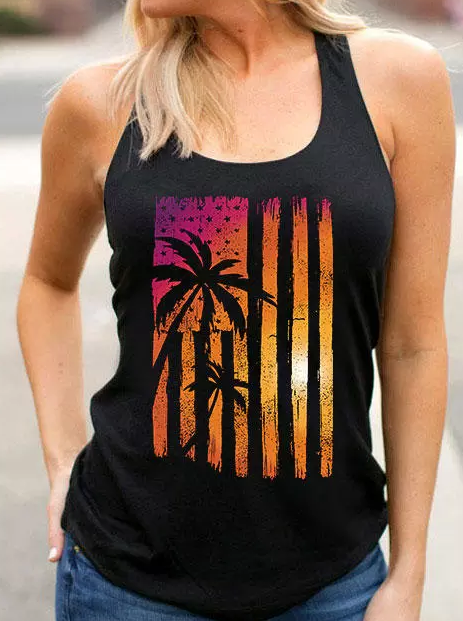 American Flag Coconut Tree Sunset Racerback Tank