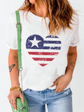 American Flag Heart Print Crew Neck T-shirt Aosig