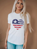 American Flag Heart Print Crew Neck T-shirt Aosig