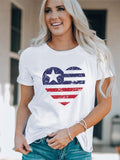 American Flag Heart Print Crew Neck T-shirt Aosig