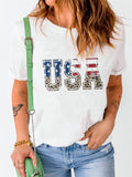 American Flag Letter Leopard Print Short Sleeve T-shirt Aosig