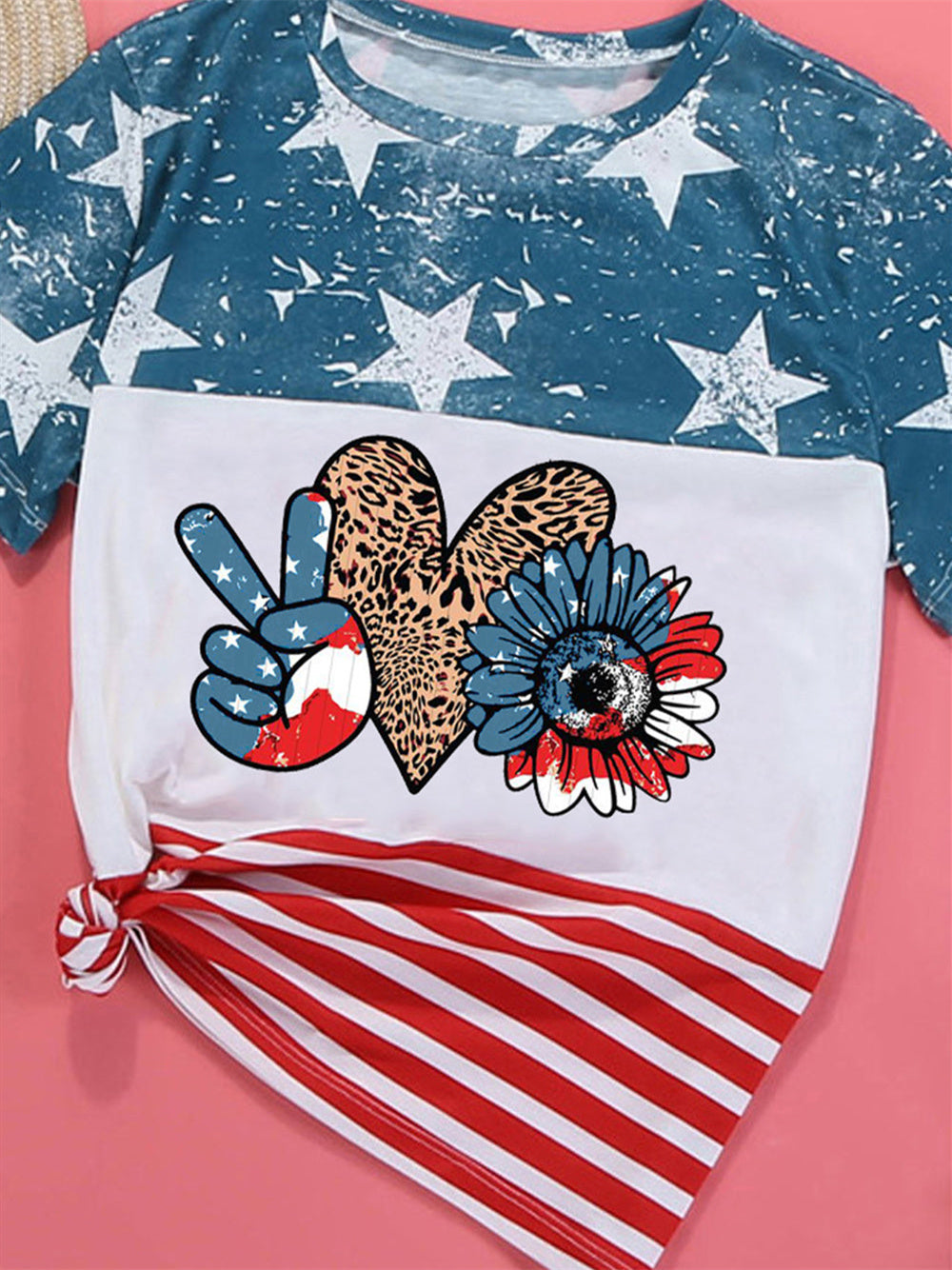American Flag Sunflower Heart Color Block Pattern T-shirt Aosig