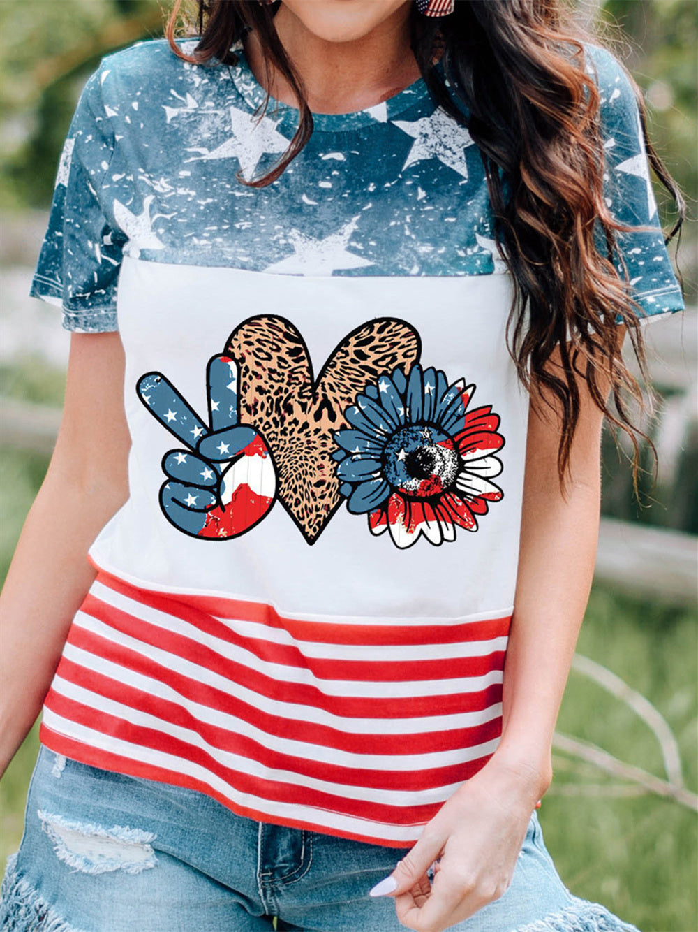 American Flag Sunflower Heart Color Block Pattern T-shirt Aosig