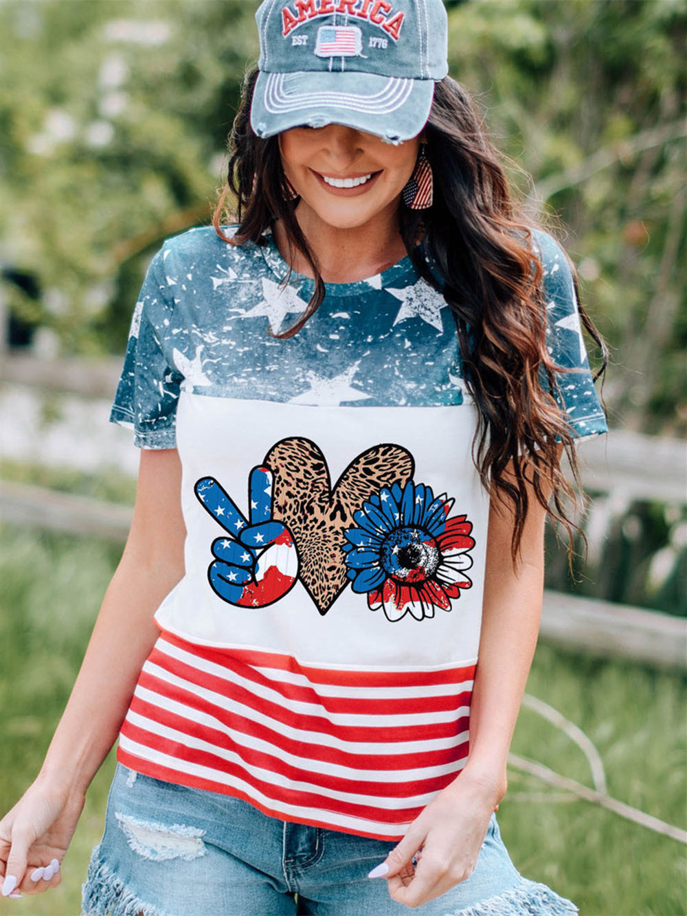 American Flag Sunflower Heart Color Block Pattern T-shirt Aosig
