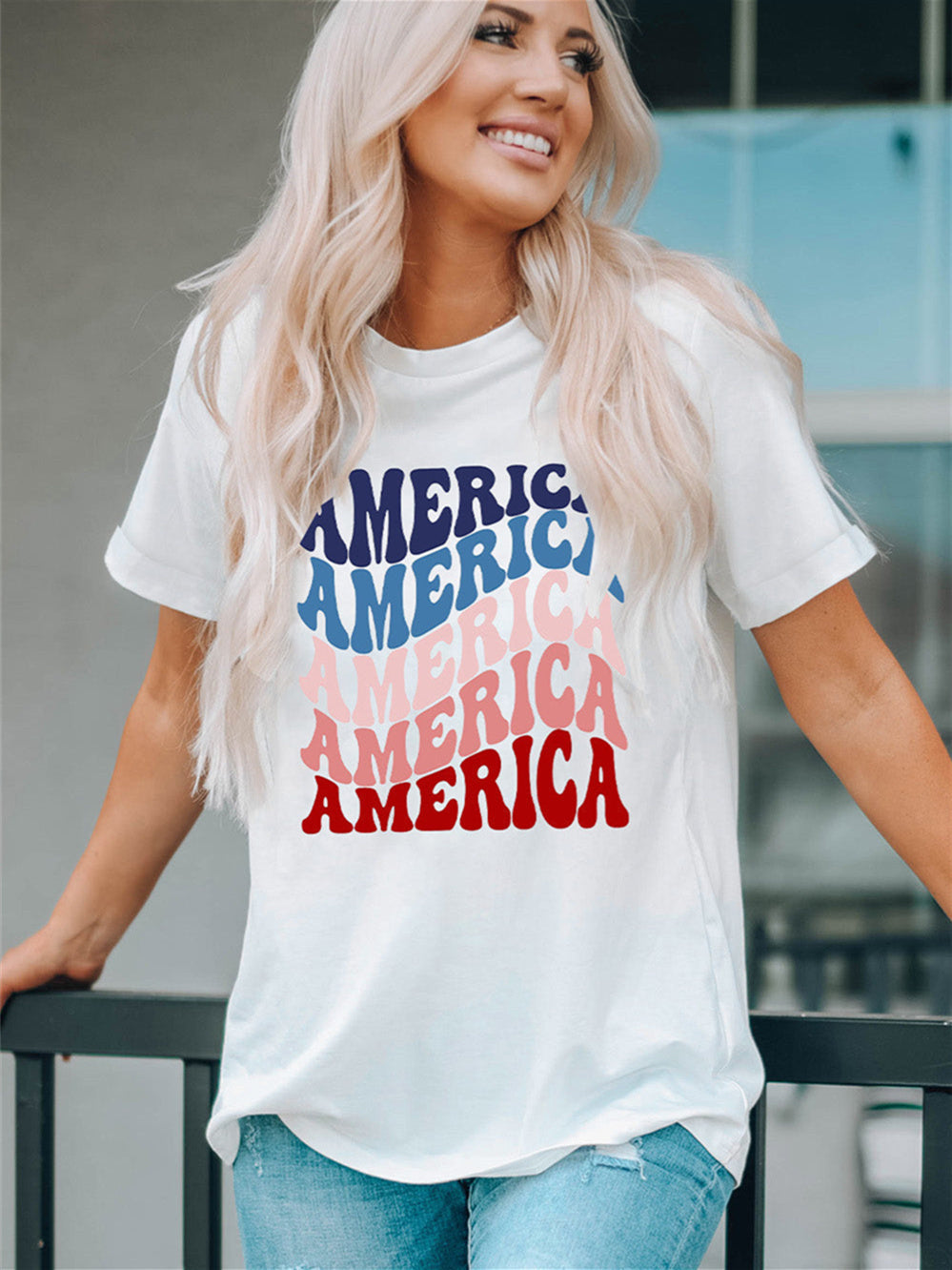 American Letter Gradient Color Print Crew Neck T-shirt Aosig