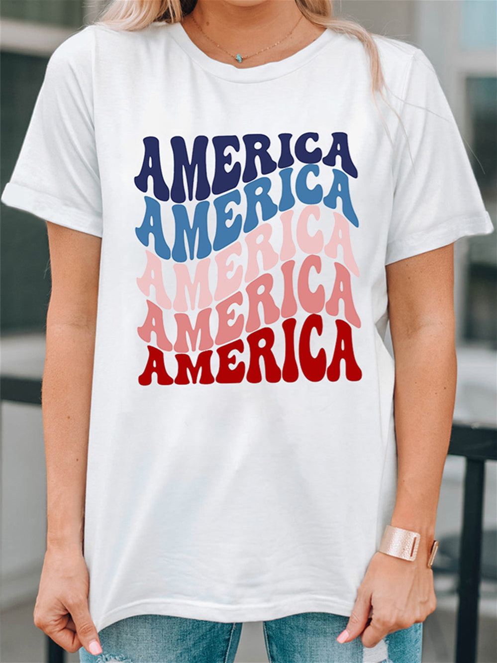 American Letter Gradient Color Print Crew Neck T-shirt Aosig