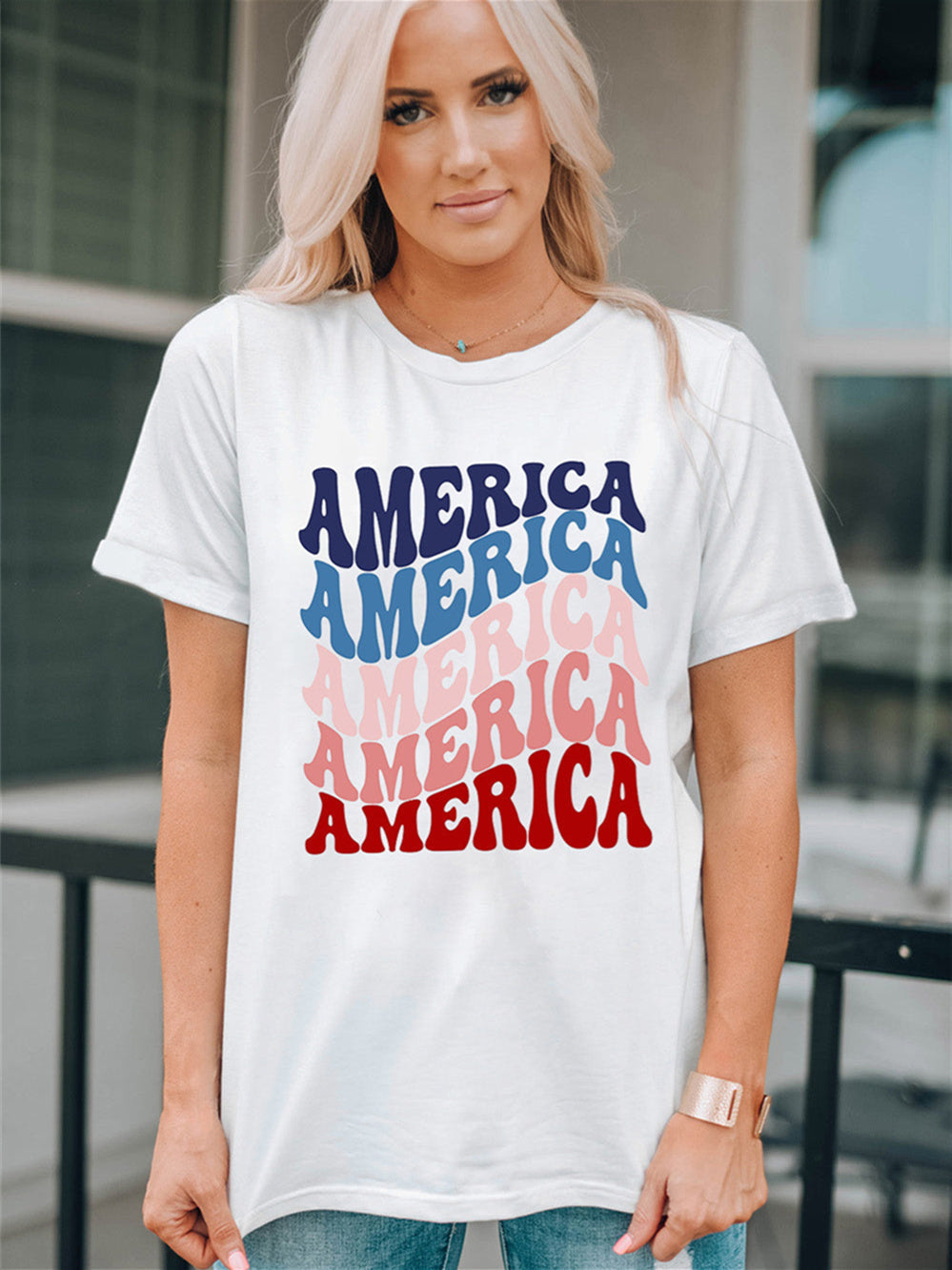 American Letter Gradient Color Print Crew Neck T-shirt Aosig