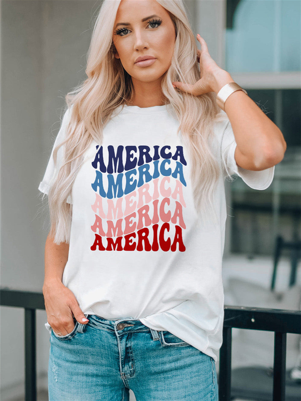 American Letter Gradient Color Print Crew Neck T-shirt Aosig