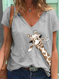 Animal Print Short Sleeve V-Neck T-Shirt Aosig