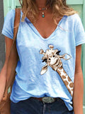 Animal Print Short Sleeve V-Neck T-Shirt Aosig