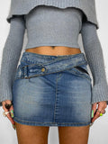 Asymmetric Belt Zip-panel Denim Skirt