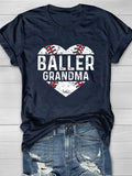 Baseball Granma Heart Print Short Sleeve T-Shirt Aosig