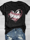 Baseball Heart Print Short Sleeve T-Shirt Aosig