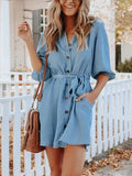 Black Buttoned Tie Waist Denim Shirt Mini Dress Aosig