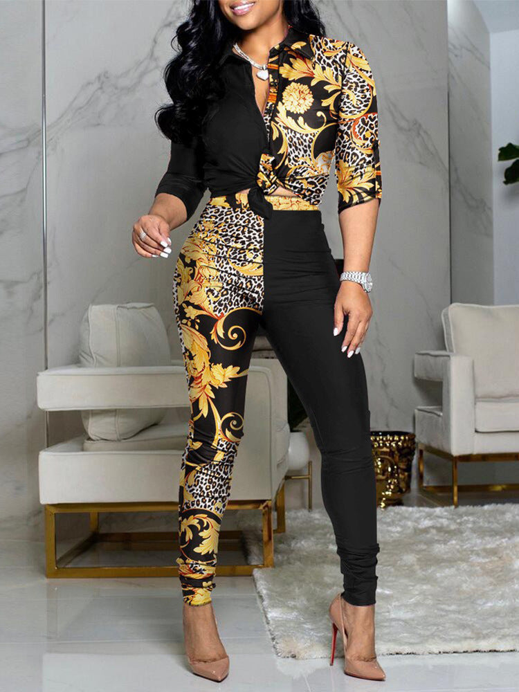 Casual Colorblock Printed Long Sleeve Lapel Shirt Casual Pants Two Piece Set Aosig