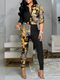 Casual Colorblock Printed Long Sleeve Lapel Shirt Casual Pants Two Piece Set Aosig