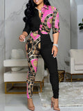 Casual Colorblock Printed Long Sleeve Lapel Shirt Casual Pants Two Piece Set Aosig