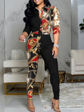 Casual Colorblock Printed Long Sleeve Lapel Shirt Casual Pants Two Piece Set Aosig