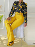 Casual Print Stand Collar Long Sleeve Shirt Top Wide Leg Pants Two Piece Set Aosig