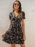 Casual Printed Puff Sleeve High Waist Dress Aosig