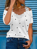 Casual Shirt Lace Stitched Cool Shoulder Shirt Short Sleeve Cute Heart Print Top Aosig