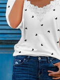 Casual Shirt Lace Stitched Cool Shoulder Shirt Short Sleeve Cute Heart Print Top Aosig