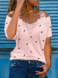 Casual Shirt Lace Stitched Cool Shoulder Shirt Short Sleeve Cute Heart Print Top Aosig