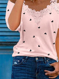 Casual Shirt Lace Stitched Cool Shoulder Shirt Short Sleeve Cute Heart Print Top Aosig