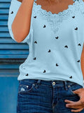 Casual Shirt Lace Stitched Cool Shoulder Shirt Short Sleeve Cute Heart Print Top Aosig