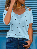 Casual Shirt Lace Stitched Cool Shoulder Shirt Short Sleeve Cute Heart Print Top Aosig