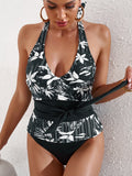 Collared Neck Print Swimsuit Aosig