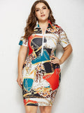 Color Print Lapel Zip Dress Aosig