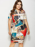 Color Print Lapel Zip Dress Aosig