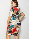 Color Print Lapel Zip Dress Aosig