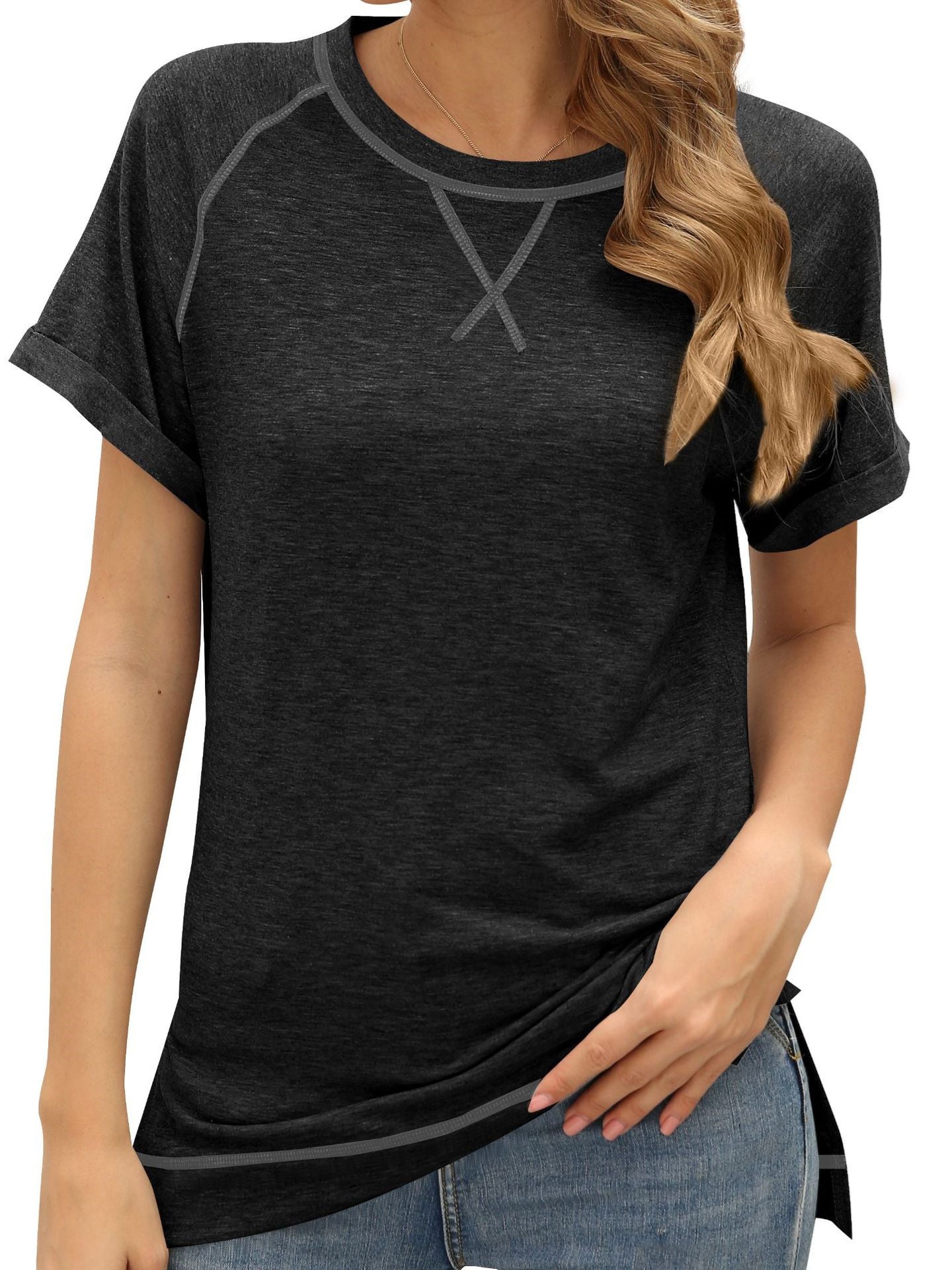 Colorblock Crossover Loose Top Short Sleeve Casual T-Shirt Aosig