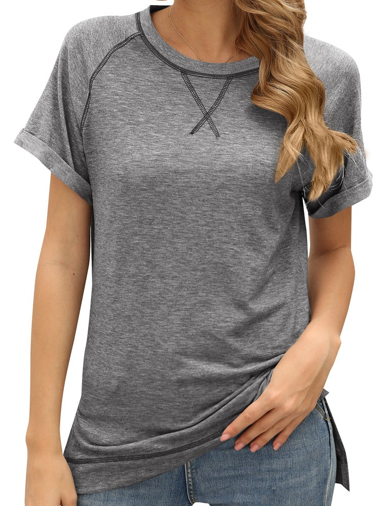 Colorblock Crossover Loose Top Short Sleeve Casual T-Shirt Aosig