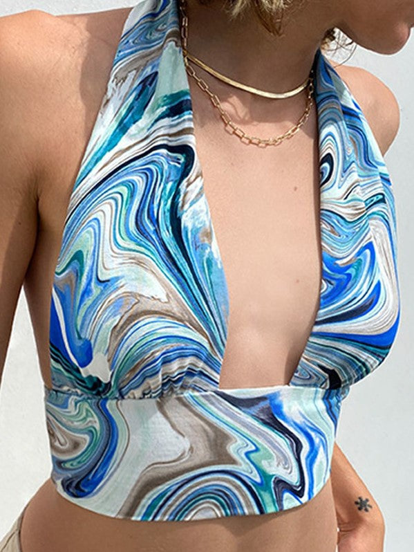 Colorblock Halter Strap Slim Fit Tube Top Aosig