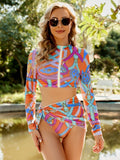 Conservative Print Zipper Swimsuit Three-piece Set Aosig