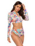 Conservative Print Zipper Swimsuit Three-piece Set Aosig