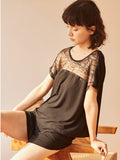 Contrast Lace Satin Cami Top & Shorts PJ Set Aosig