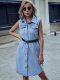 Cool Lapel Sleeveless Waist Denim Dress Aosig