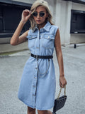 Cool Lapel Sleeveless Waist Denim Dress Aosig