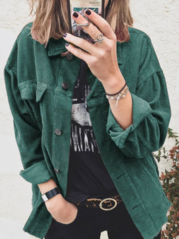 Corduroy Solid Color Shirt Jacket Aosig