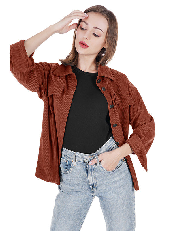 Corduroy Solid Color Shirt Jacket Aosig
