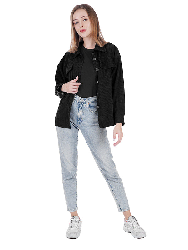Corduroy Solid Color Shirt Jacket Aosig