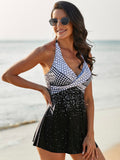 Deep V-Neck Strap Color Print Skirt Split Swimsuit Aosig