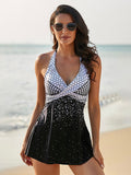 Deep V-Neck Strap Color Print Skirt Split Swimsuit Aosig