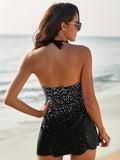 Deep V-Neck Strap Color Print Skirt Split Swimsuit Aosig
