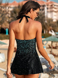 Deep V-Neck Strap Color Print Skirt Split Swimsuit Aosig