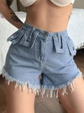 Distressed Denim Shorts With Cuffed Fringe Aosig